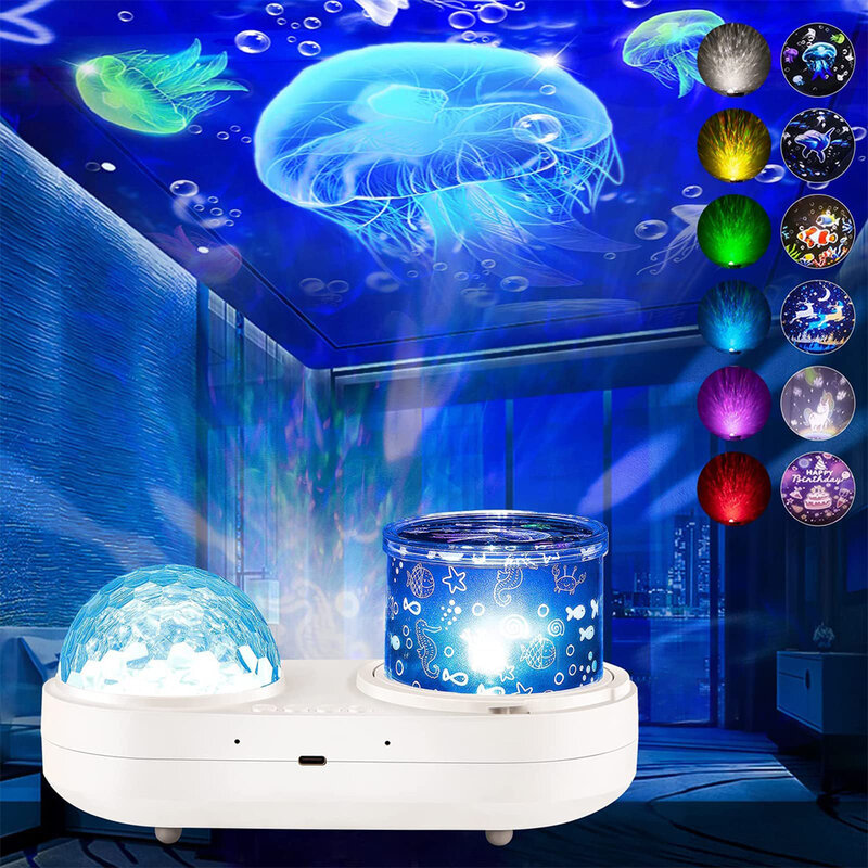 Projecteur de méduses d'océan à LED pour la décoration de la chambre, veilleuse de bureau, budgétaire d'étoiles rotatives, lampe de table de chambre à coucher