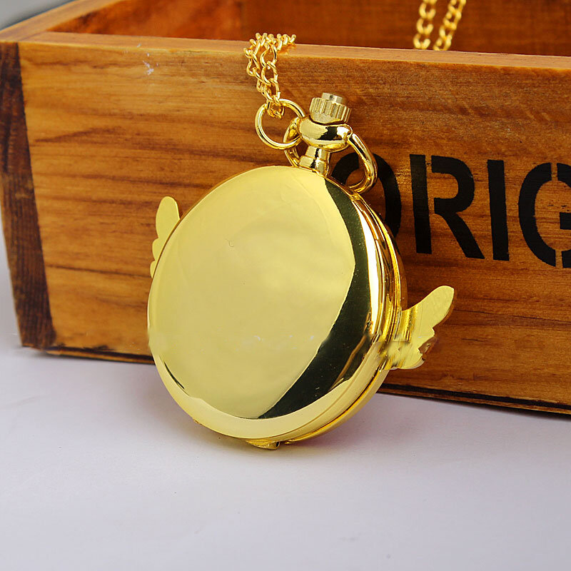 Reloj de bolsillo dorado Sakura de Anime japonés para mujer y niña, collar con colgante de alas de estrella, cadena, regalo