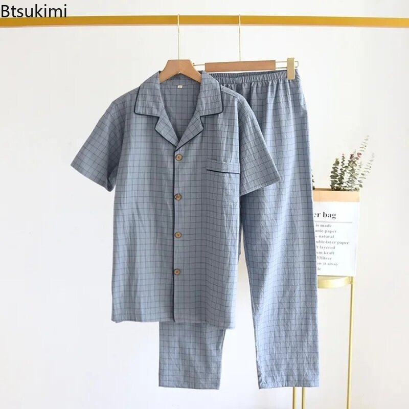 Пижамный костюм высокого качества, новинка, Мужская домашняя одежда из двух предметов, модная простая ночная рубашка с короткими рукавами и брюками в японском клетку для отдыха