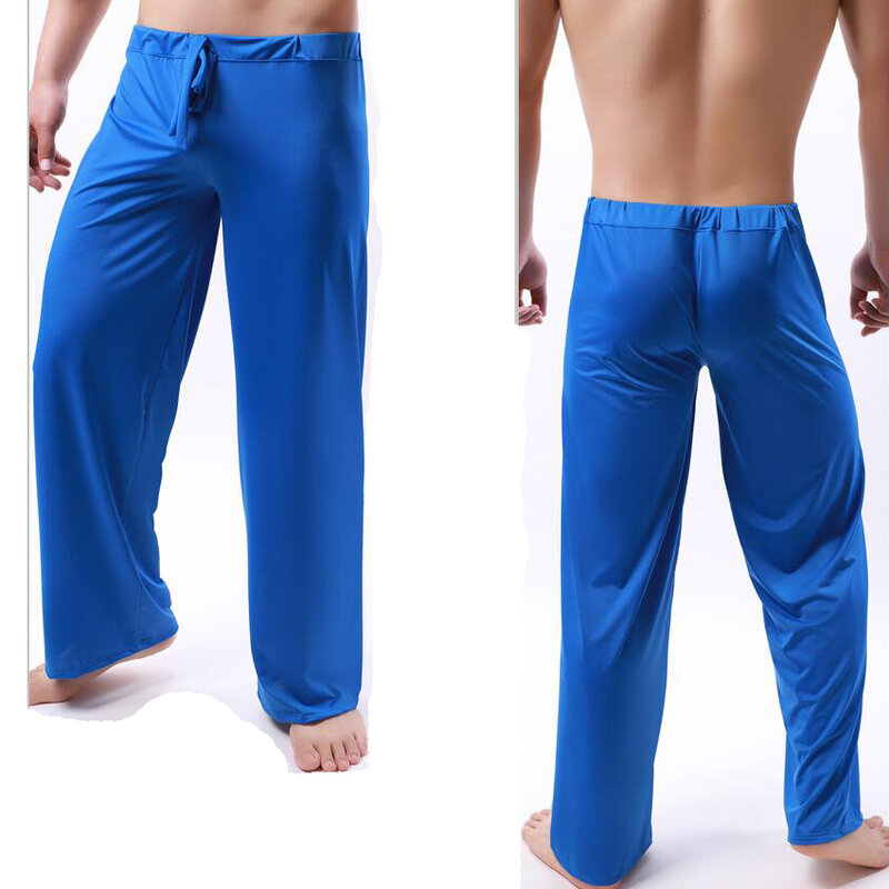 Pantalones de pijama informales para hombre, ropa Sexy de seda de hielo de Color sólido con cordón, cintura elástica, holgada, para Yoga y salón