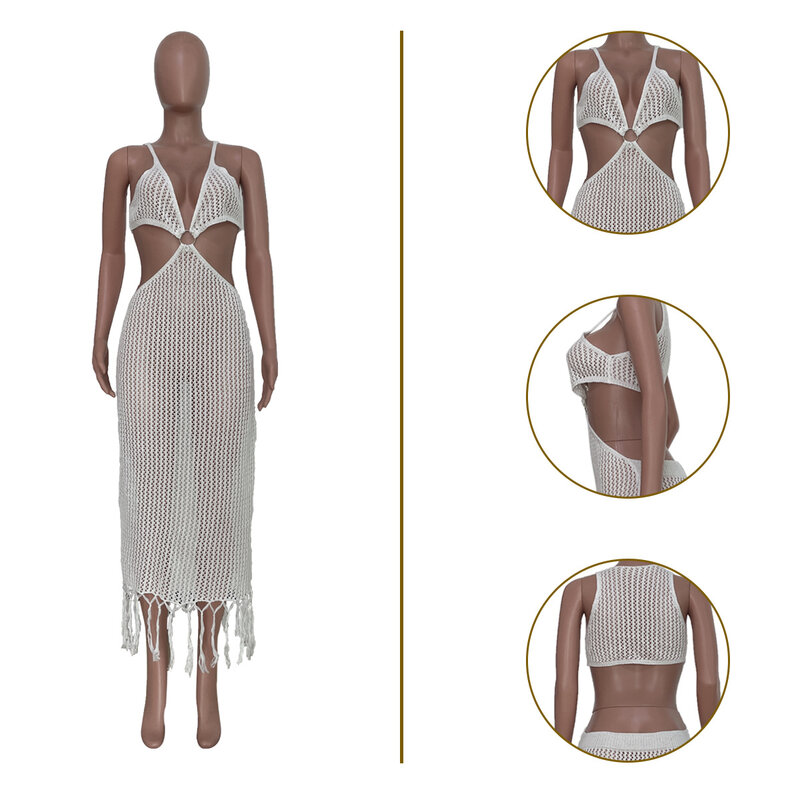 Knitted Fishnet Women Long Maxi Dress Sexy Hollow Out Bikini Cover-ups Solid Tassel 2022 Summer Holiday Beach Bathing Vestidos