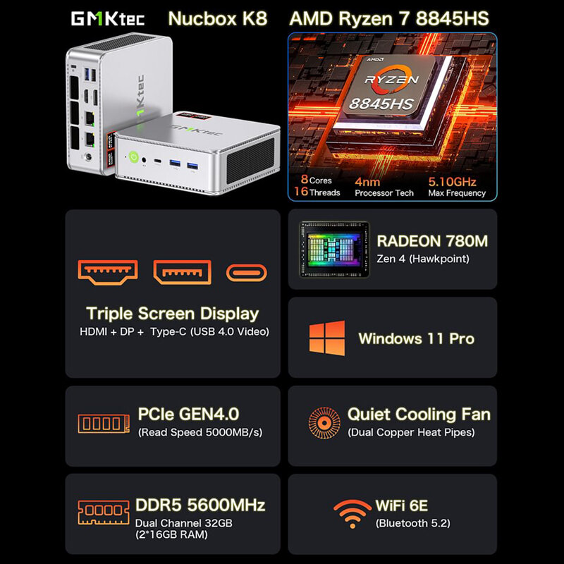 GMKtec GBrosK8 Mini PC AMD R7-8845HS NUCBOX Conception du système à double ventilateur Fenêtre 11 Pro AMD Radeon™PCle SEN4.0 * 2 DDR5, 780 MHz, 5600M