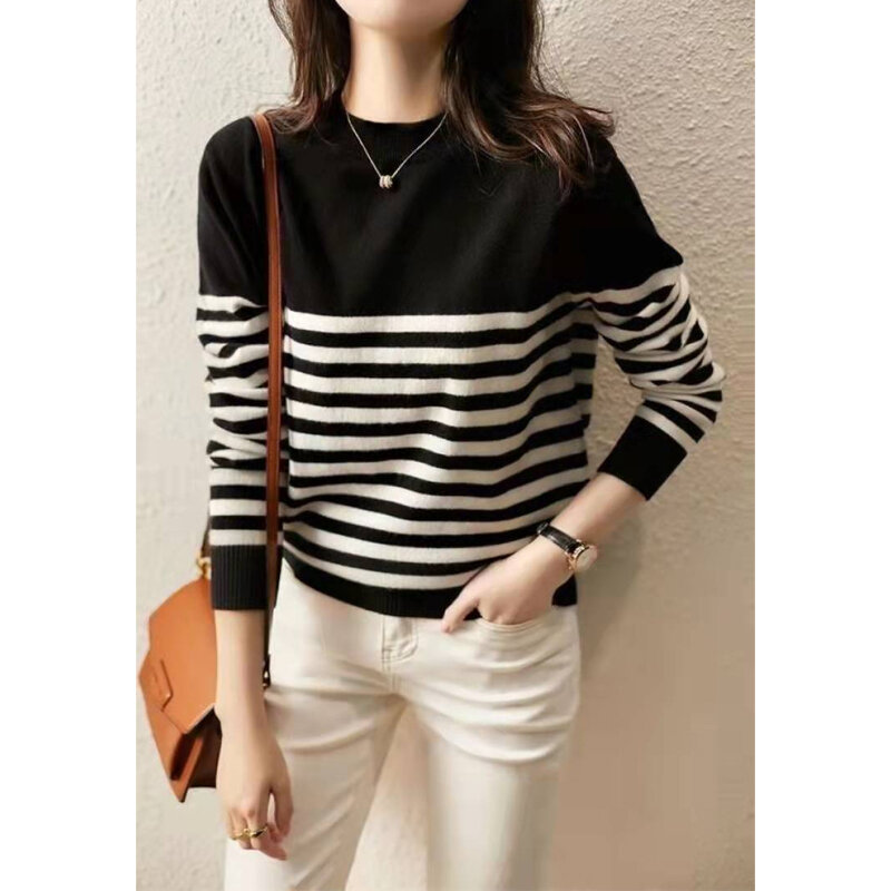 Autumn Winter Black White Striped Knitting Pullovers Long Sleeve O-Neck Slim All-match Sweaters Elegant Fashion Women Clothing