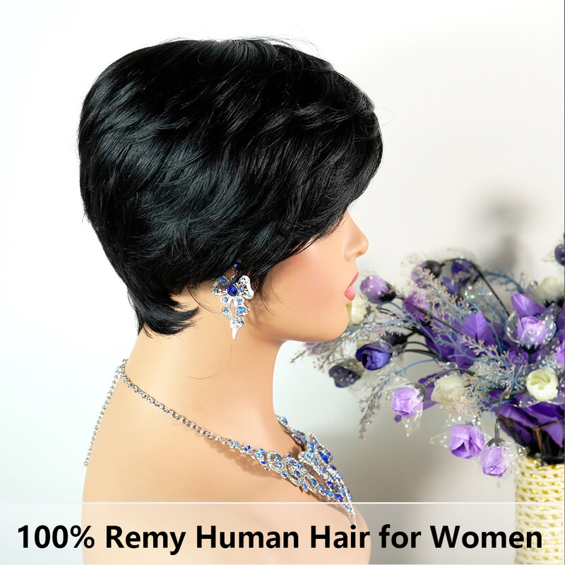 Natural Black Pixie Cut Human Hair Wig with Bangs for Women Afro Brazilian 100% Remy Human Hair Short Bob Layered Cheap Wigs