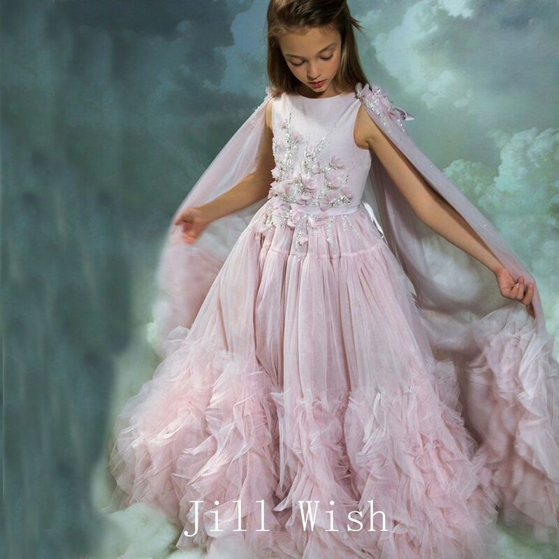 Jill Wish White Flower Girl Dress Beading Pearls  with Cape Princess Kids Arab Gown for Wedding Birthday Evening Party Show J070