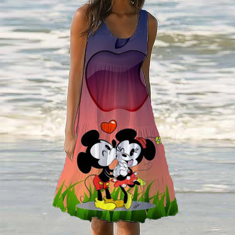 Disney-vestido sexy feminino, moda praia, vestidos de verão, trem solto, vestido elegante, feriado longo, roupa, moda, 2024