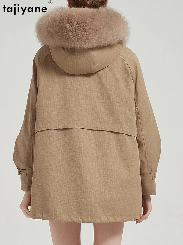 여성용 진짜 Tajiyane 모피 코트, 탈부착 렉스 래빗 라이너 파카, 여우 칼라 중간 길이 재킷, 2024 겨울 패션