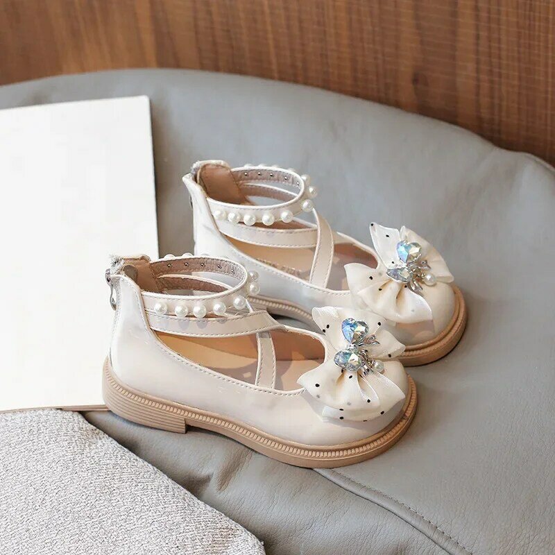 Zapatos de cuero de estilo Lolita para niños, zapatos de princesa para niñas, pajarita de perlas dulces, vestido informal para niños, zapatos Mary Jane para fiesta