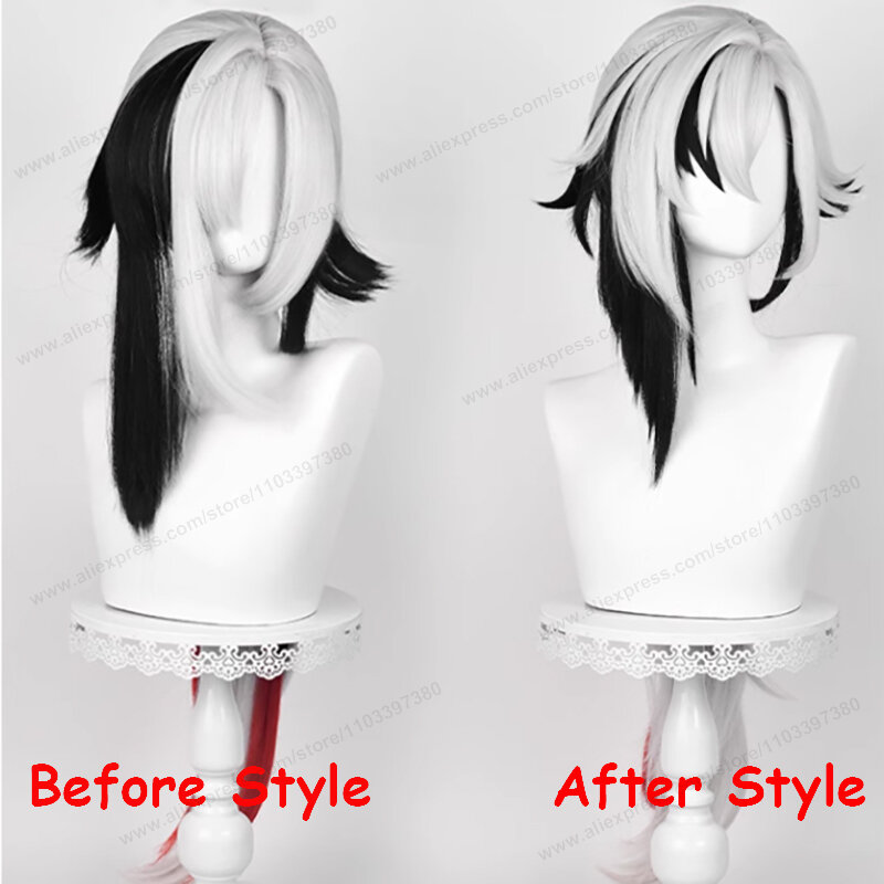 Arlecchino-Peluca de Cosplay knav Fatui, pelo blanco y negro largo de 83cm, pelucas sintéticas resistentes al calor de Anime