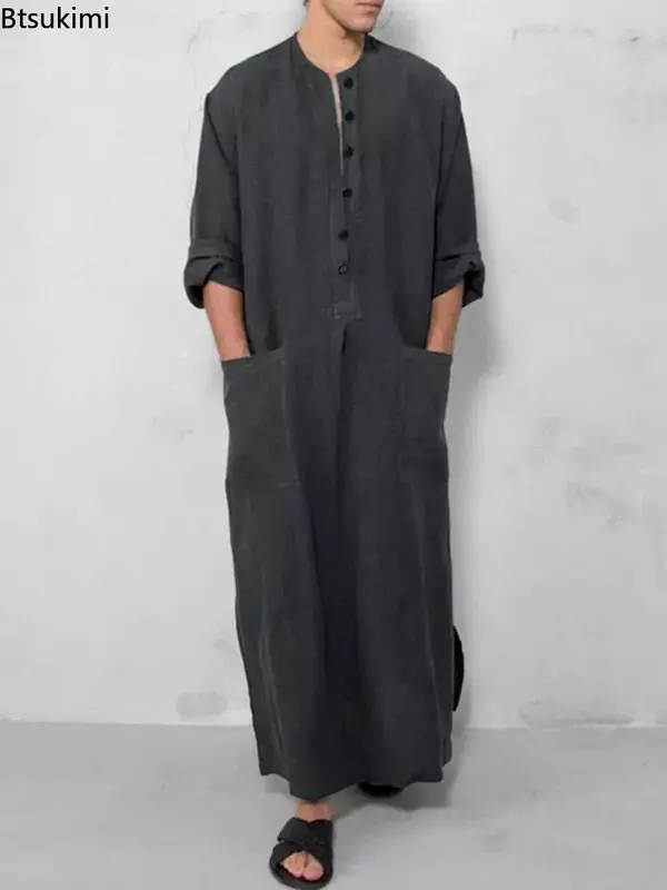 Новинка 2024 винтажные мужские исламские арабские Jubba Thobe с длинным рукавом однотонные карманы халаты мужские Саудовская Аравия Abaya платье мусульманский кафтан мужской