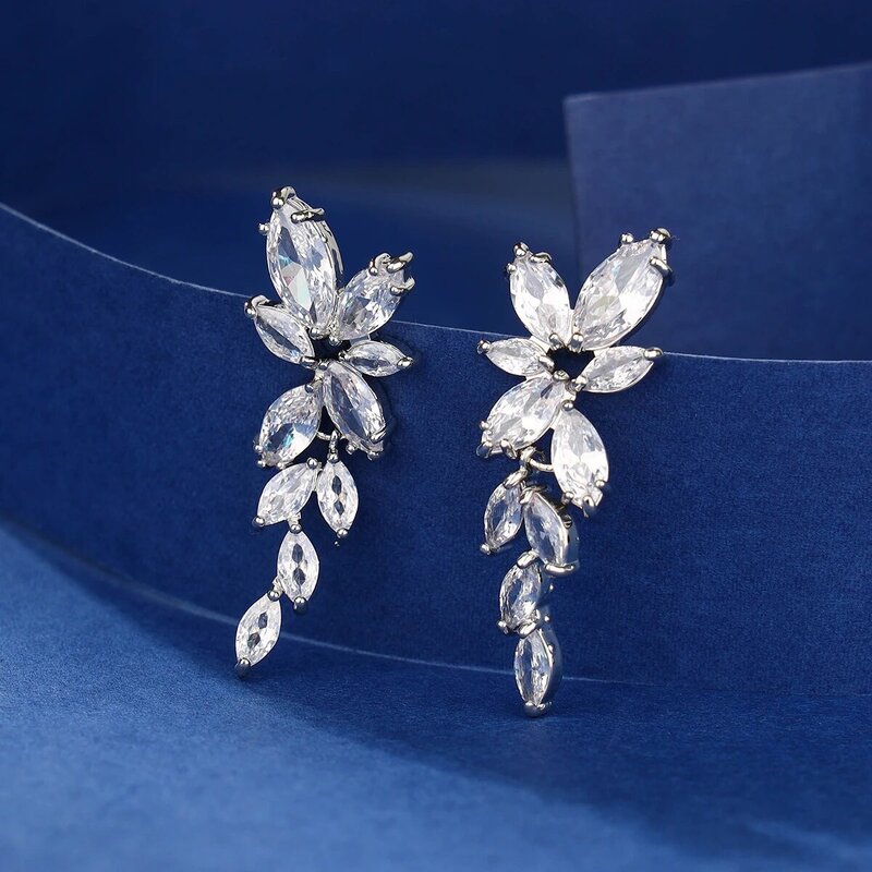 Bride bridesmaid marquise wedding earrings, cubic zirconia elegant floral drop earrings for wedding ball party