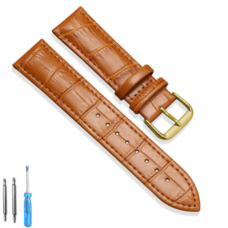 Pulseira de relógio de couro para homens e mulheres, acessórios pulseira, fivela sólida, preto, marrom, 16mm, 18mm, 20mm, 22mm, 24mm