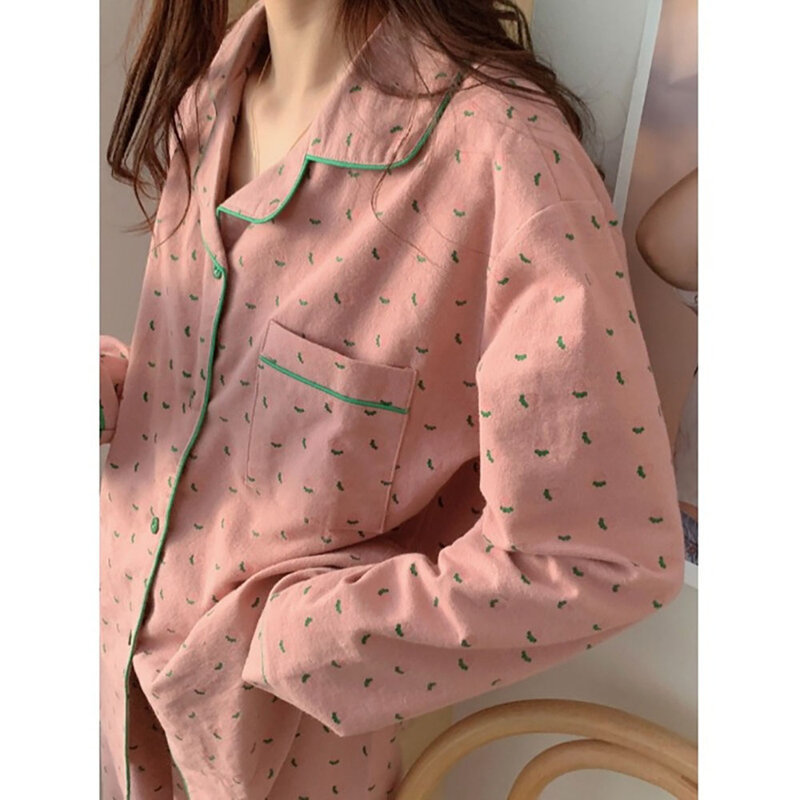Frühling Herbst Terylen Baumwolle Langarmhose Damen Pyjama Set neue Strickjacke Revers Print Damen Home Nachtwäsche zum Schlafen