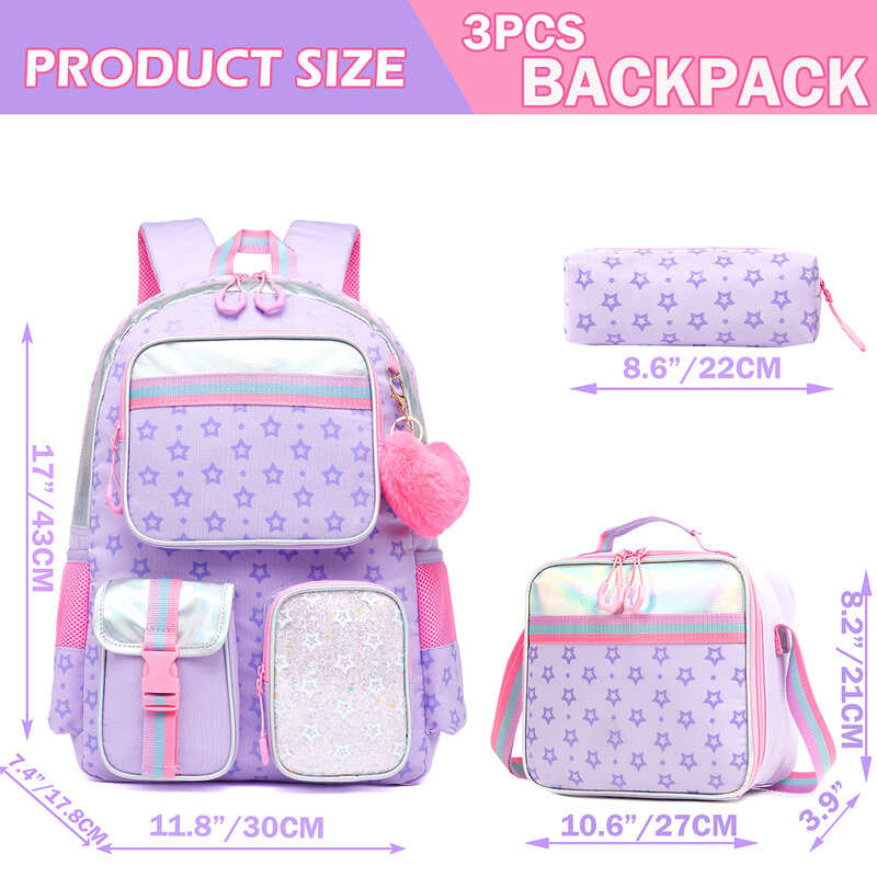 Meetbelify Multifunctional Backpack Girls School Bag Pentagram Printed School Bag with Lunchbag and Pencilbag