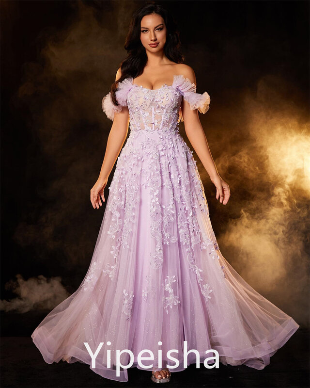 Gaun Prom Arab Saudi, gaun koktail A-line bahu terbuka modis elegan, gaun malam kustom Organza bunga