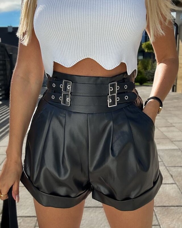 Women's Casual PU Leather Buckled Ruched Shorts Temperament Commuting Female Clothing Woman Fashion Short Pants New Ladies