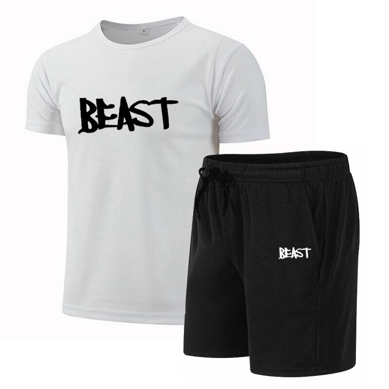 BEAST Summer New Men's Crewneck T-Shirt + Shorts Two-Piece Popular Print Casual Fashion Short-Sleeved Sportwear Jogging Suit