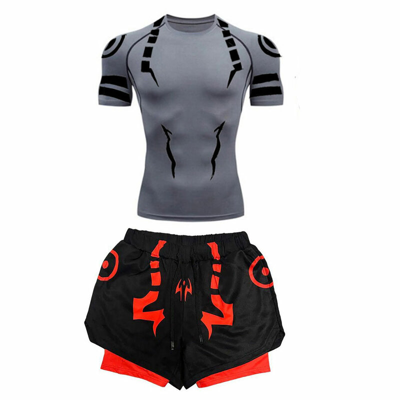 Set pakaian olahraga pria, Jujutsu Kaisen atasan Gym bercetak + celana pendek olahraga bernapas lubang cepat kering pelindung ruam Set