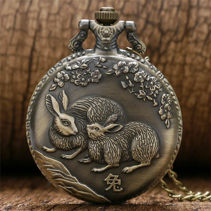 Relógio de bolso de quartzo para homens e mulheres, Design vintage chinês doze zodíaco, Relógio animal gravado retrô com colar, relógio presente