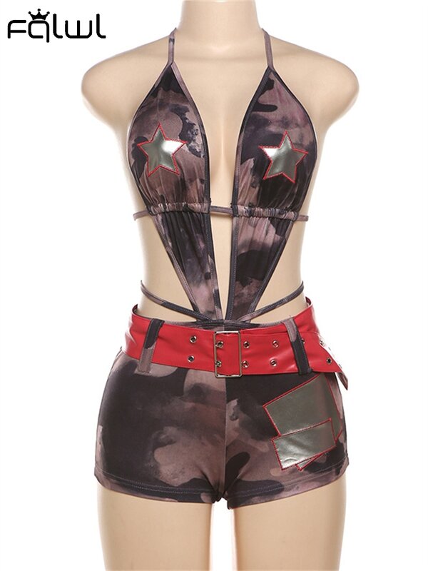 Habbris Summer Fashion Camouflage Patchwork Romper Concert Party Clothing For Woman 2024 Halter Backless Bandage Belt Jumpsuits