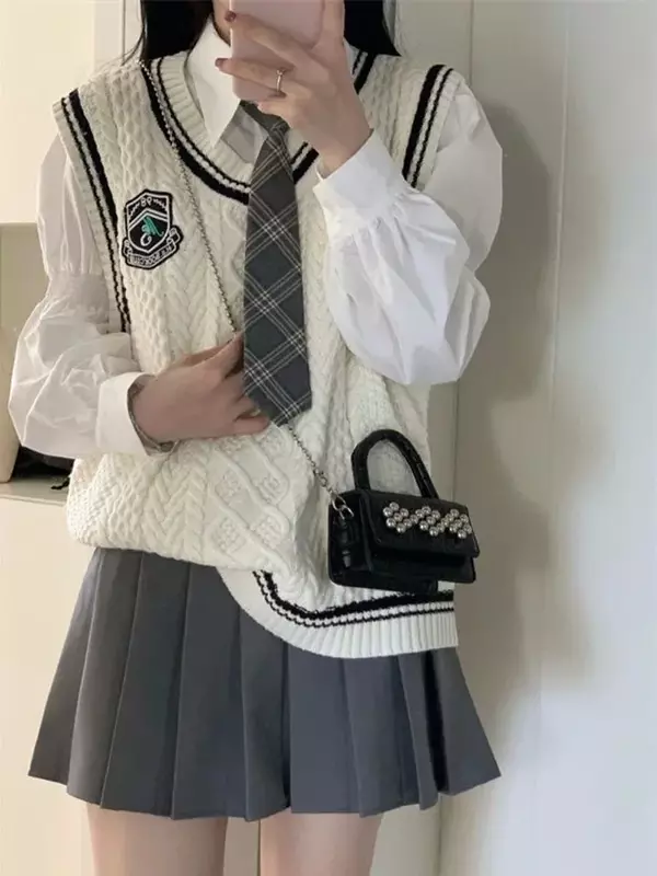 Set rok sweter rajut musim dingin Korea wanita seragam sekolah lucu Jepang leher V lengan panjang seragam Jk Cosplay gadis sekolah