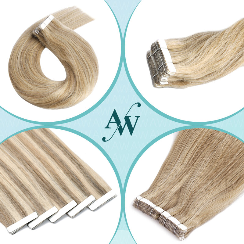 AW-European Straight Tape-In Extensões de cabelo humano, extensão natural de cabelo invisível, cabelo NoneRemy para mulheres, sem costura, 12 em 24 polegadas