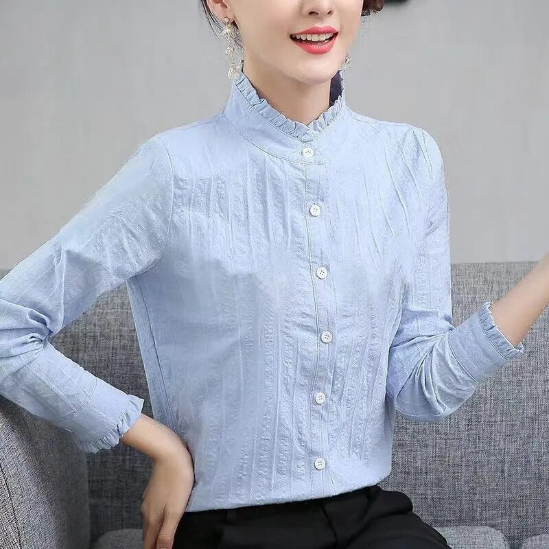 Camisa de manga larga profesional para mujer, cárdigan de manga larga con borde de auriculares, chaqueta coreana, novedad de primavera, 2024