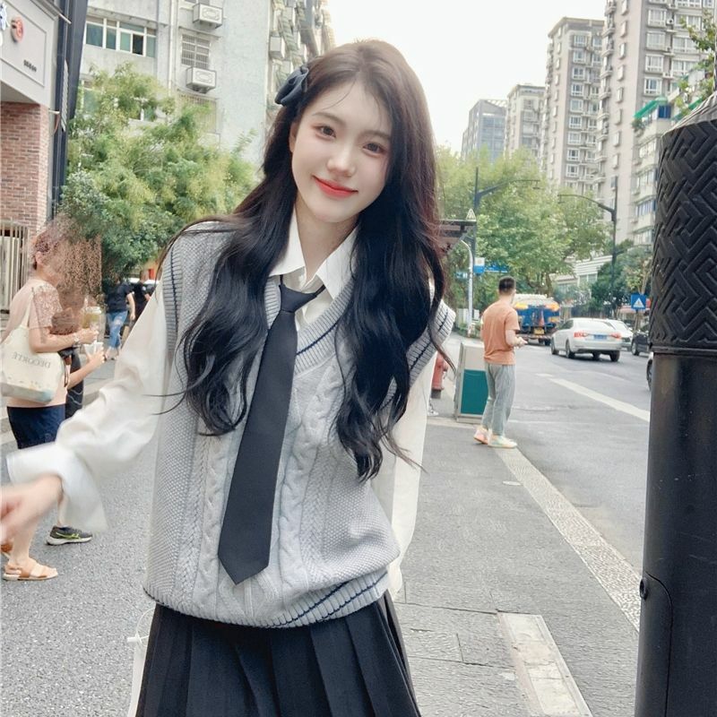 Autunno nuovo giappone moda donna corea scuola Jk uniforme stile College gilet con scollo a v maglia maglia camicia + gonna a pieghe Jk uniforme Set