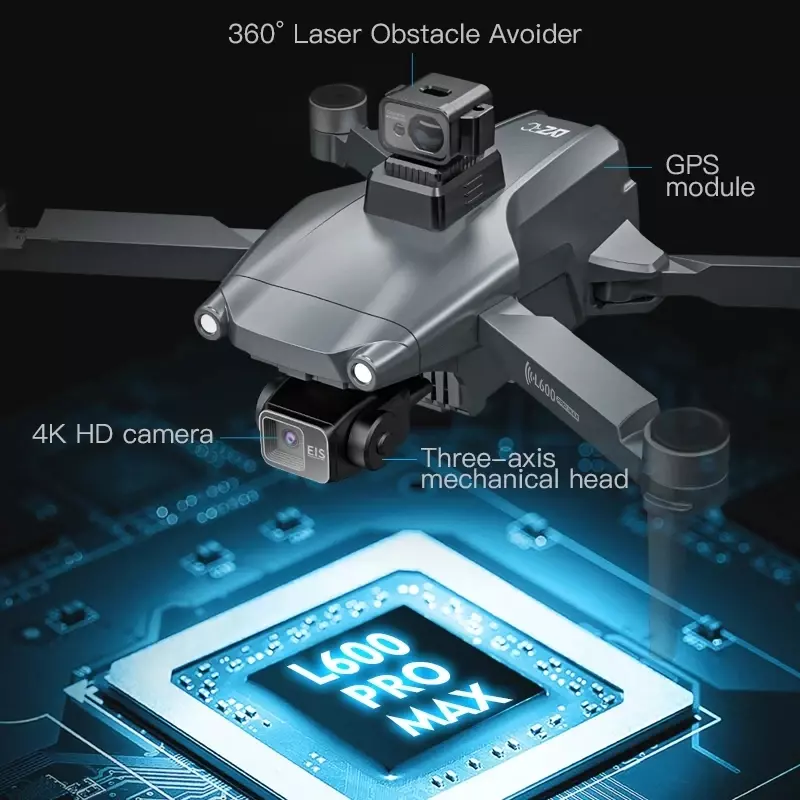 L600 PRO MAX Dual Camera Drone, 4K, 3 eixos, PTZ, HD, Laser, Evitar obstáculos, Motor sem escova, GPS, 5G WiFi, RC FPV Quadcopter Brinquedos