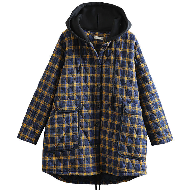 Manteau à Carreaux en Coton pour Femme, Vêtement Décontracté à Capuche avec lèvent, Nouvelle Collection Automne et Hiver 2023