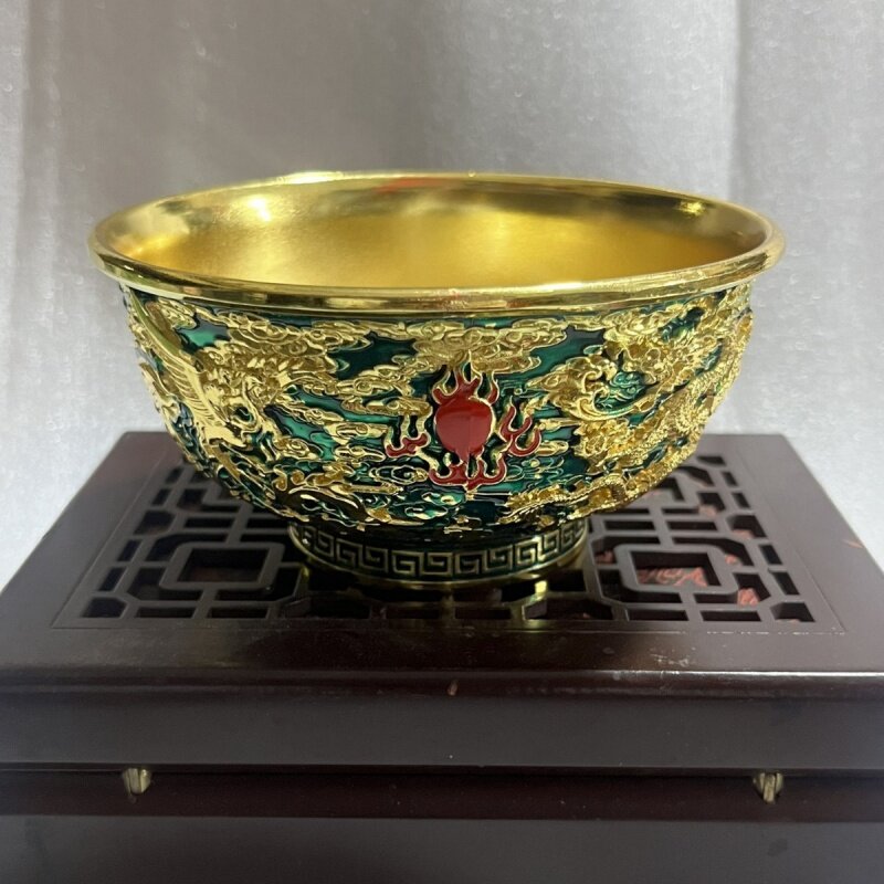 وعاء ذهبي من المينا Cloisonne ، مشهد بلد مزدهر ، عام Qianlong العتيق لتزيين التنين ، متجر منزلي
