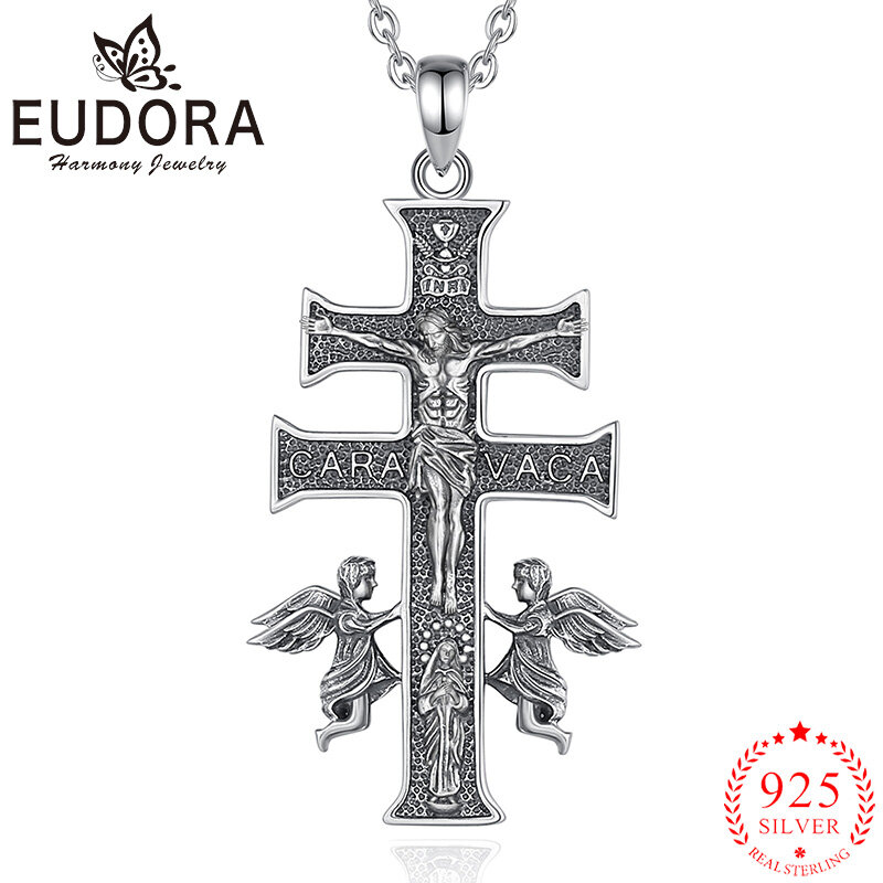 Eudora 925 Sterling Silver Caravaca krzyż naszyjnik Jesus anioł Vintage wisiorek Amulet mężczyzn prezent religijny biżuteria podkreślająca osobowość