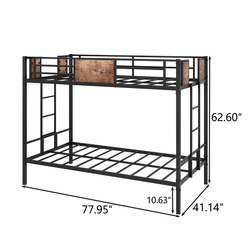 Litera de Metal doble con escalera y barandilla de longitud completa, espacio de almacenamiento, No necesita resorte de caja, negro