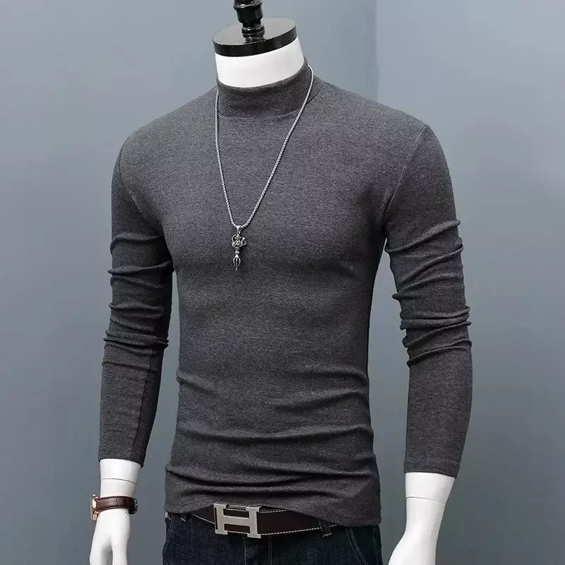 T-shirt térmica longa masculina, roupa fina, manga de pescoço, slim fit, tops de inverno, roupa interior térmica, outono, calças justas
