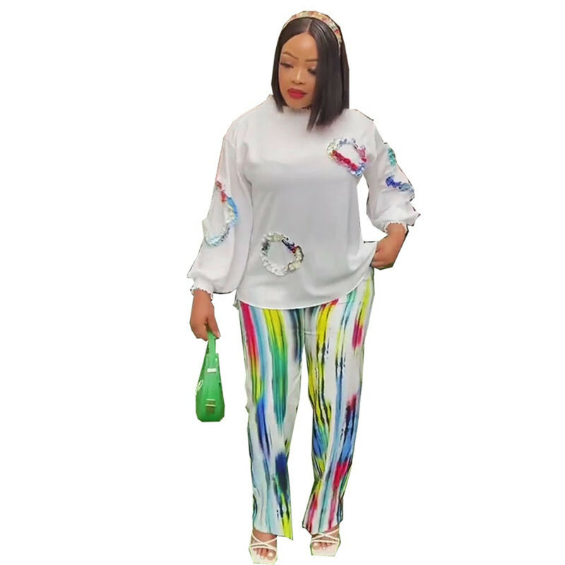 Printed Shirt with Elastic Trousers Casual Suit Basic Women Plus Size Women 2562
