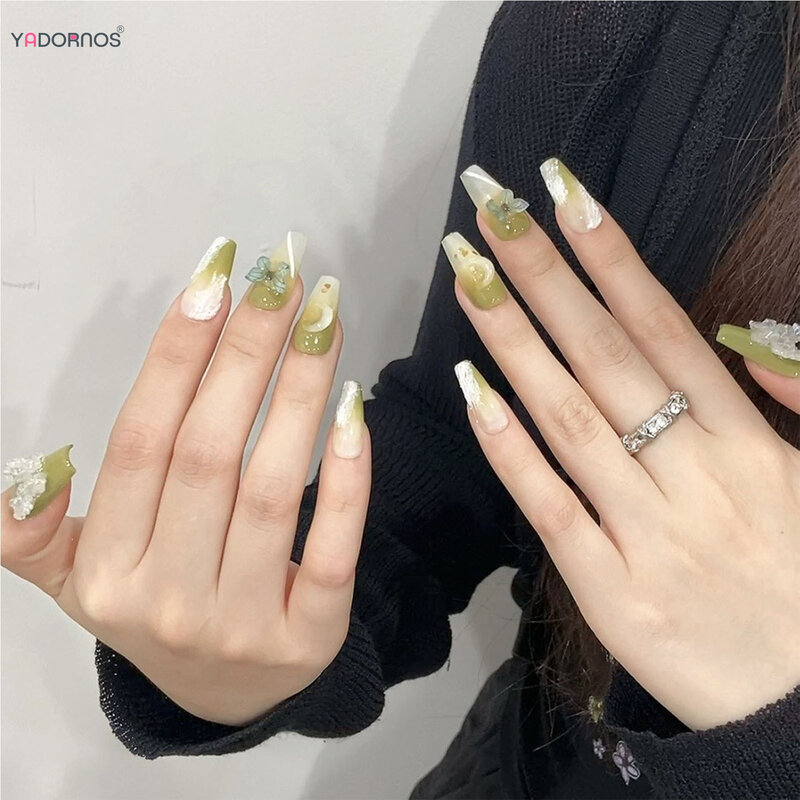 Gradiente verde fatto a mano stampa sulle unghie Glitter cristallo farfalla progettato unghie finte Ballerina unghie finte indossabili per le donne