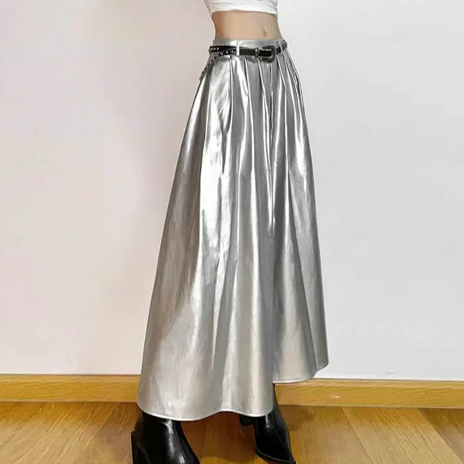Spódnice PU do kostek metaliczne, jasne plisowane kobiety w stylu Streetwear stylowe srebrne luźna, wysoka talia w kształcie litery A Street Wind