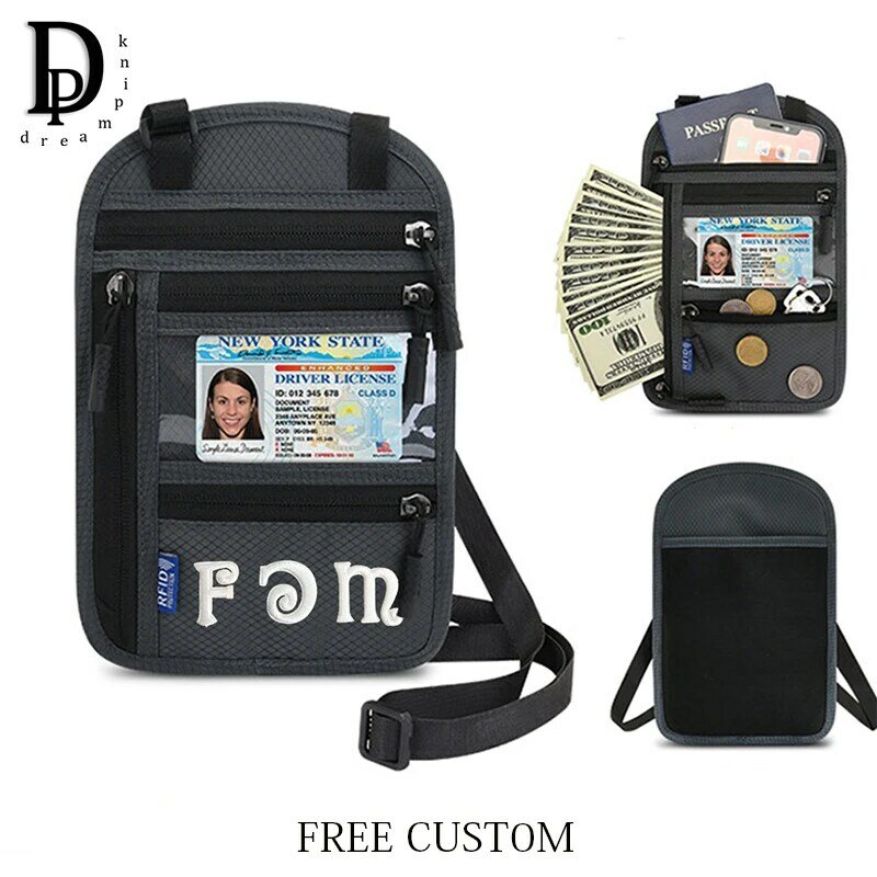 Travel Portable RFID Blocking Passport Wallets Woman Man Custom Embroidery Name Multi Function Waterproof Neck Pouch Phone Bag