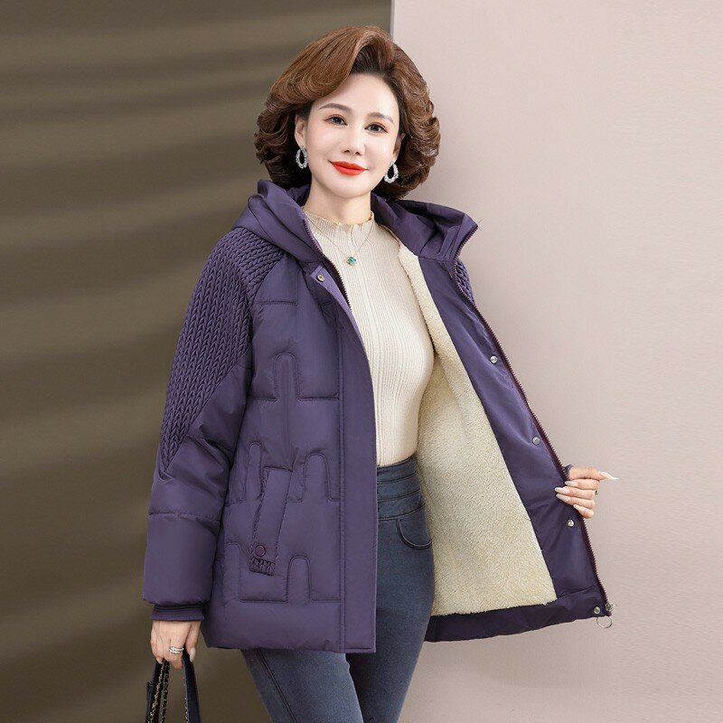 เสื้อแจ็คเก็ตของผู้หญิงมาใหม่ MODE Korea เสื้อขนเป็ดมีฮู้ดทรงหลวมเสื้อปาร์เกอะผ้ากำมะหยี่หนาเสื้อวินเทจสำหรับฤดูหนาว