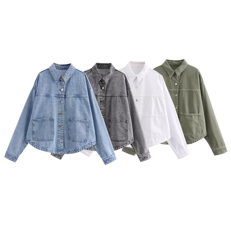 Women's new fashion large pocket decoration loose casual denim jacket coat retro long sleeved Button up women's coat chic top