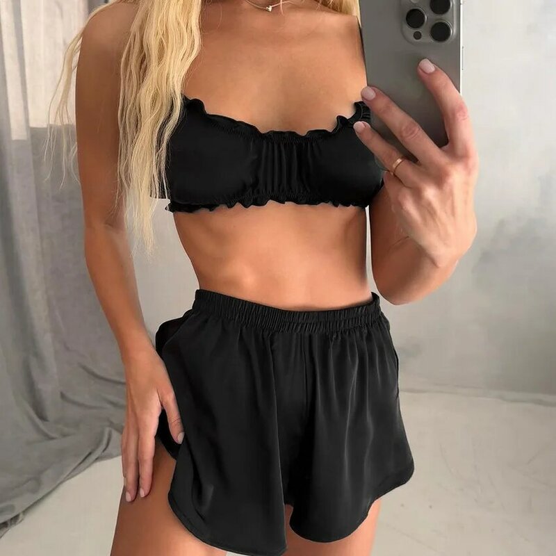 2024 Summer Home Fury Sexy Pajamas Women's Pure Desire Colored Ding Slips Shorts Two Fashion Set