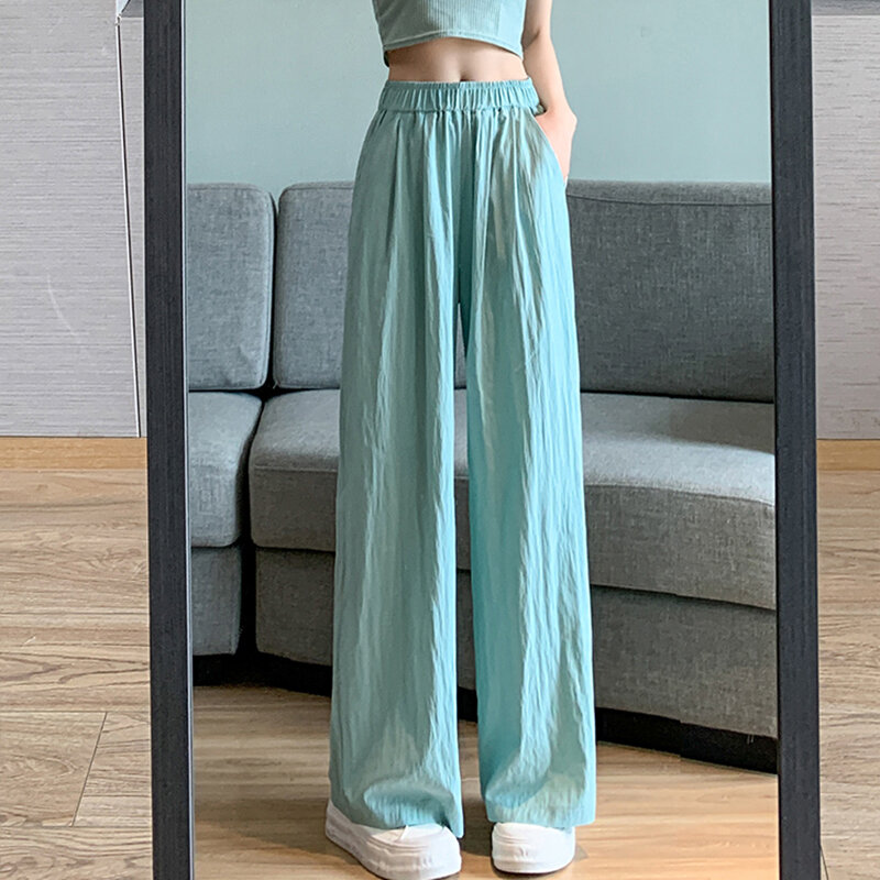 Women Solid Thin Pants Summer New Casual High Waist Female Wide Leg Trousers Fashion All Match Loose Ladies Straight Pants
