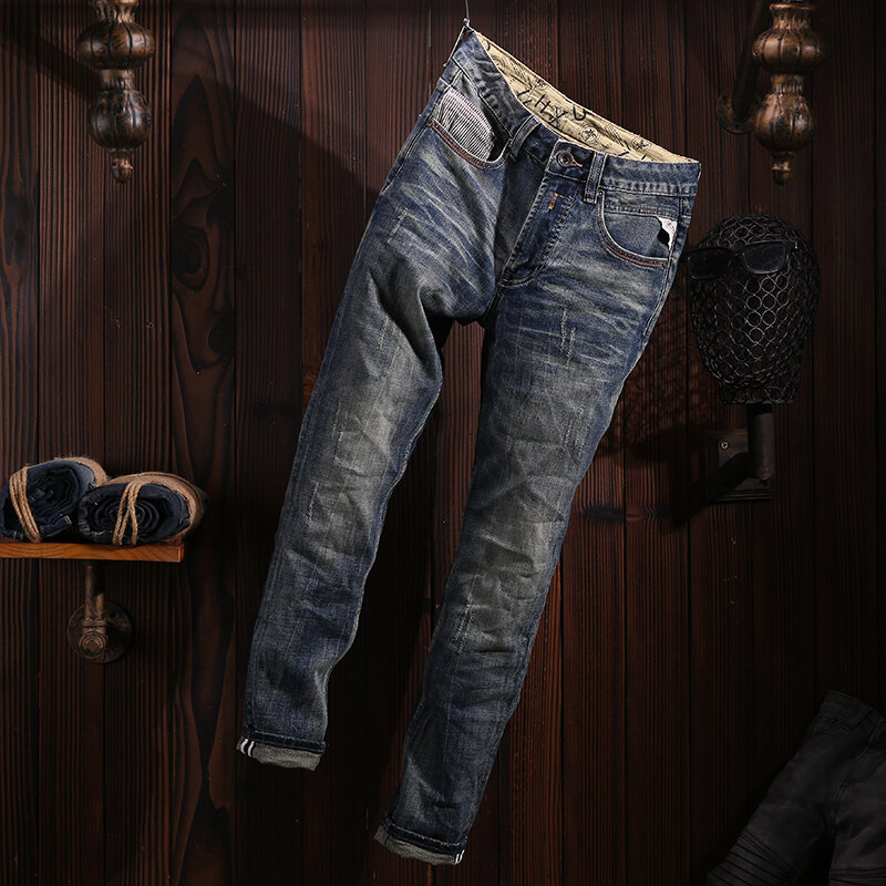 Jeans Pria Desainer Fashion Jeans Sobek Ramping Elastis Biru Retro Kualitas Tinggi Celana Panjang Lurus Pria Celana Denim Vintage Hombre