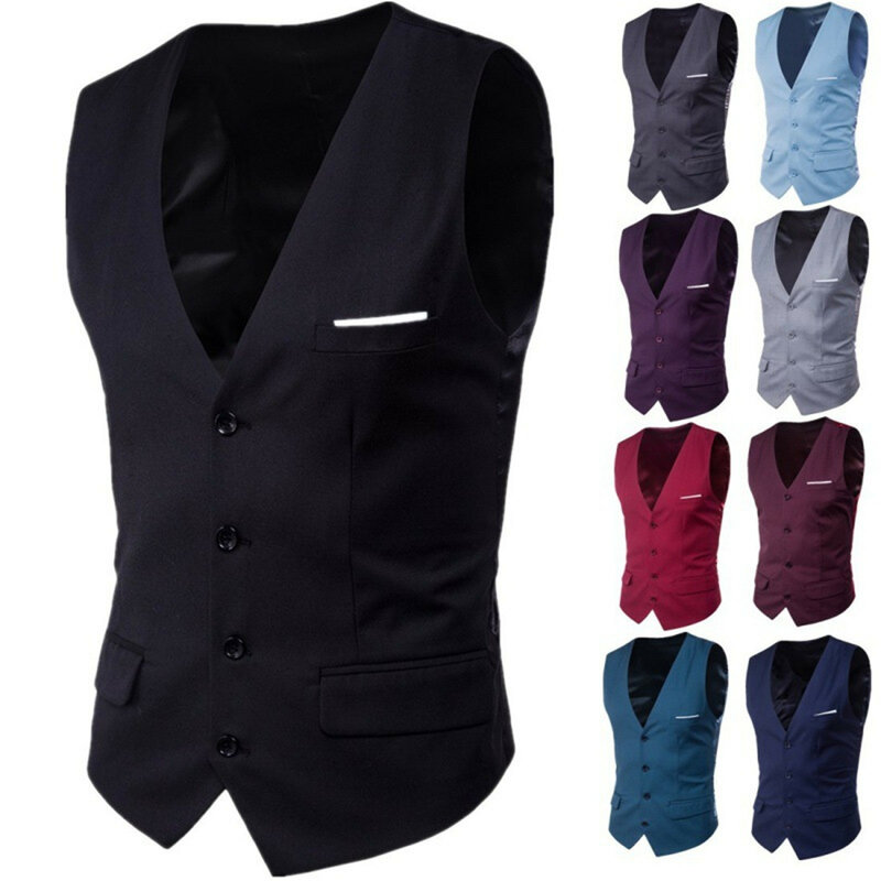 Men's Suit Vest V Neck Silmming Fit Solid Color Formal Suit Large Size Sleeveless Single Breasted Fake Pocket Men's Horse Jacket
