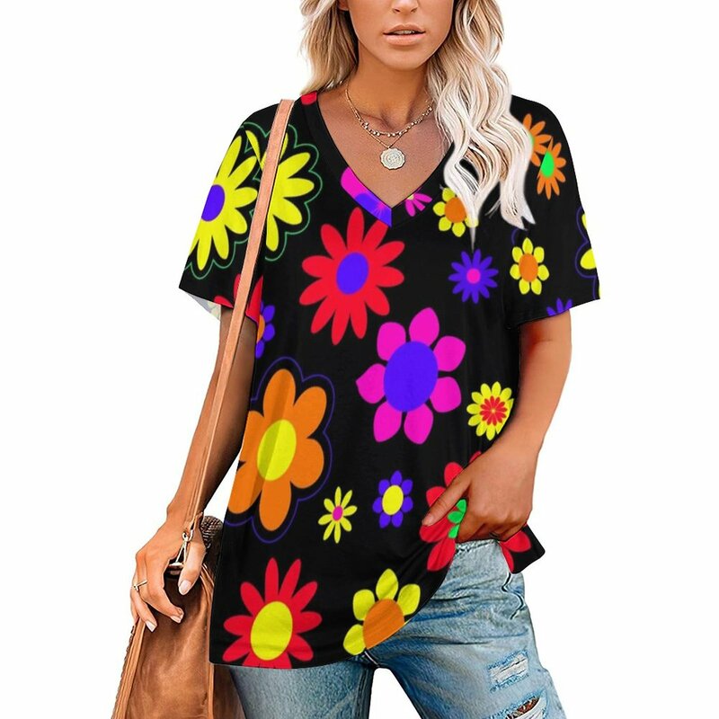 Женская футболка с V-образным вырезом, с цветочным принтом
