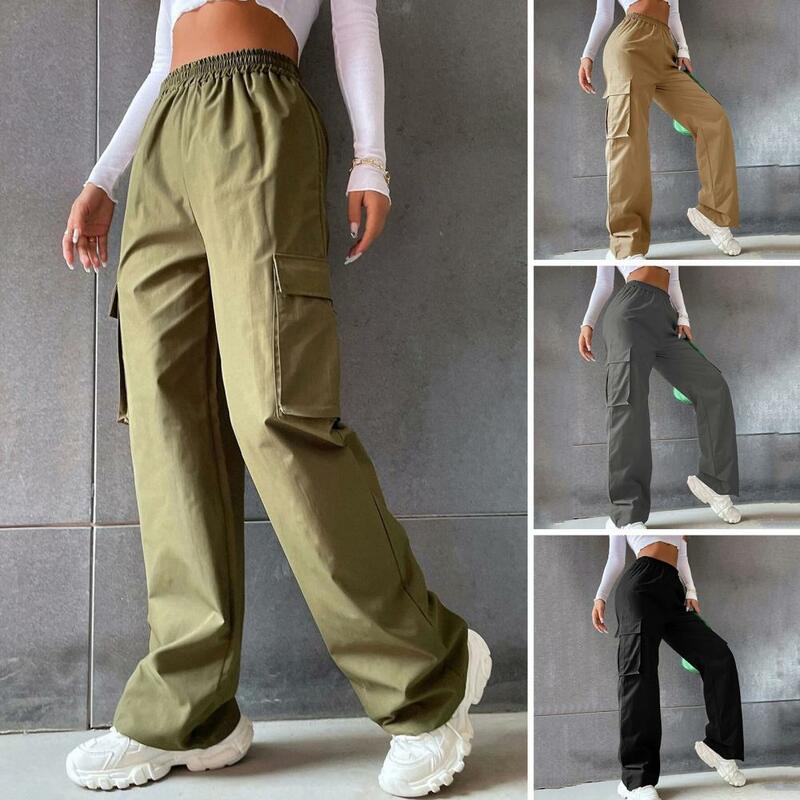 Damskie miękkie spodnie w koreańskim stylu moda uliczna spodnie Cargo z z rozciągliwą talią, szeroka nogawkami w jednolitym kolorze z kieszeniami na co dzień