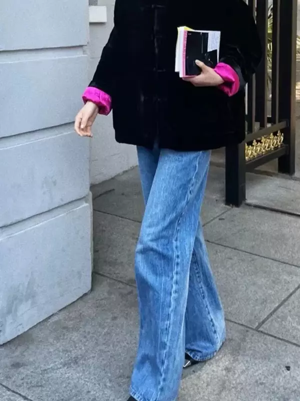 Calça jeans feminina de comprimento total com zíper, cintura alta, ajuste solto, que combina com tudo, jeans de perna larga OL com bolsos, botão, novo, 2024