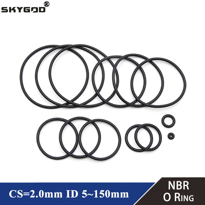 10 buah NBR O cincin Gasket CS 2mm OD 5mm ~ 150mm nitril Butadiene karet Spacer Minyak hambatan mesin cuci bentuk bulat hitam