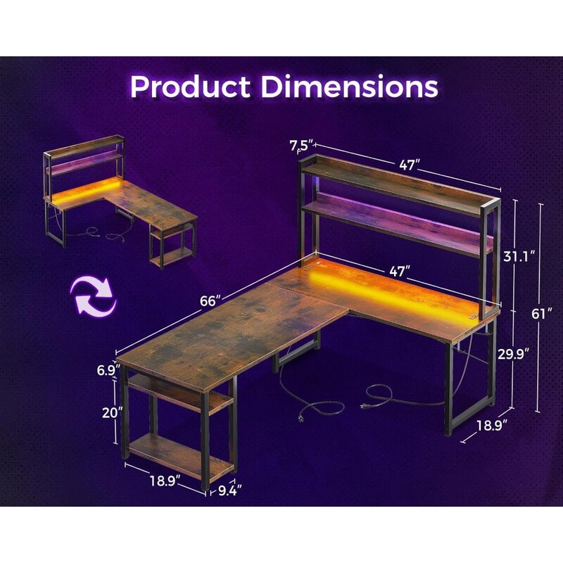 Игровой стол L-образной формы с выемкой, розетками питания, светодиодной лентой и подставкой для монитора, двусторонний компьютерный стол 66 дюймов с хранилищем