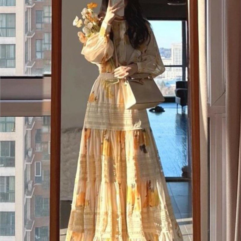 Новый стиль платикодон Великолепный цветочный французский чай разрыв длинная юбка качественное желтое платье с принтом рукава для женщин